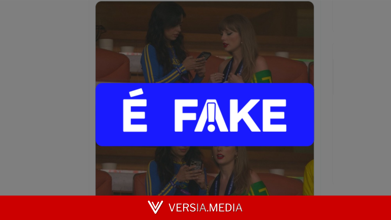 É #FAKE que Taylor Swift e Camila Cabello foram vistas juntas na arquibancada de Brasil x Escócia na Copa; trata-se de montagem